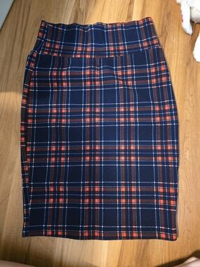 LuLaRoe Navy Plaid Pencil Skirt with Red and White Stripes